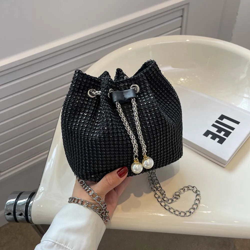 Women’s Rhinestone Drawstring Crossbody Bag for Party