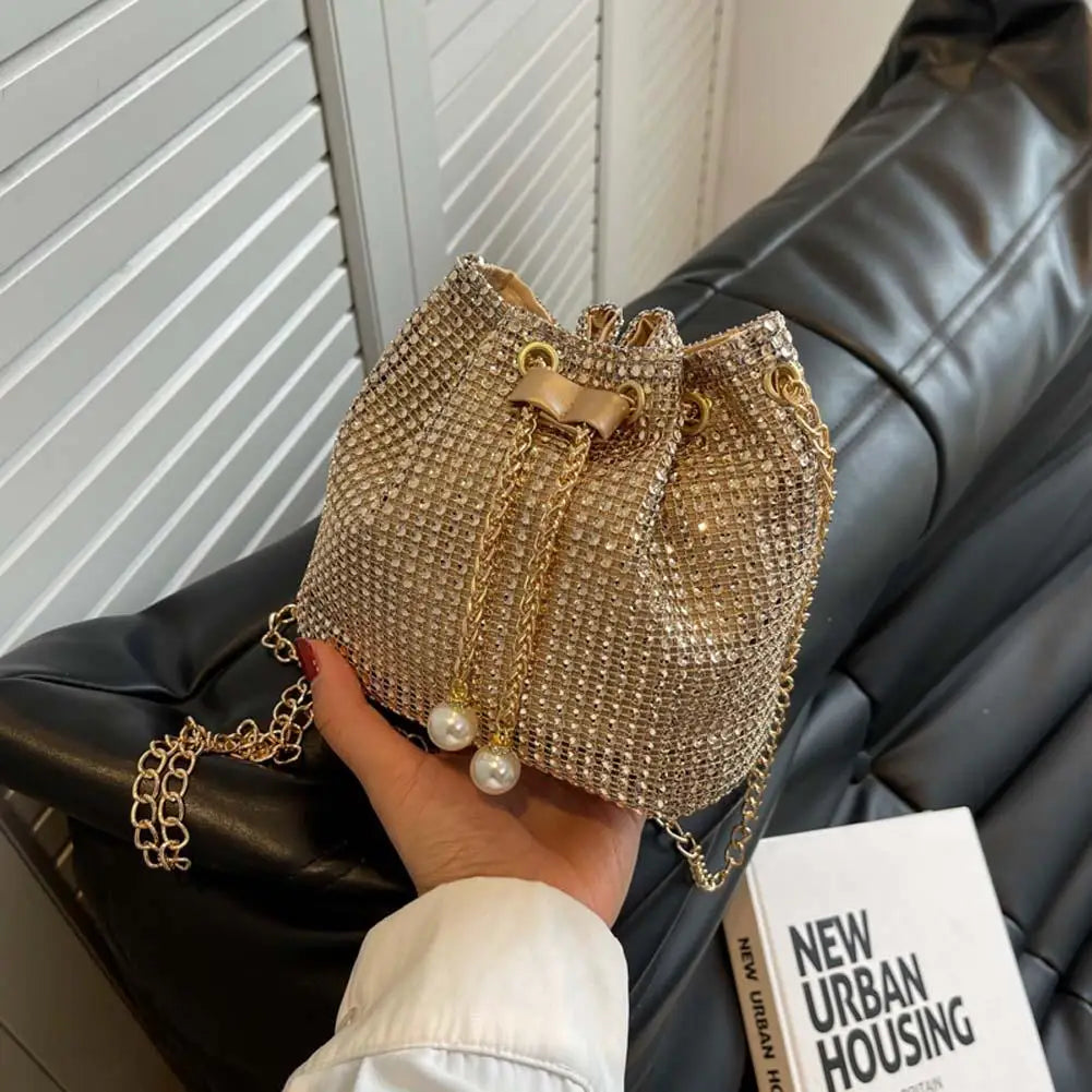 Women’s Rhinestone Drawstring Crossbody Bag for Party