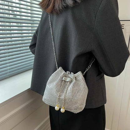 Women’s Rhinestone Drawstring Crossbody Bag for Party