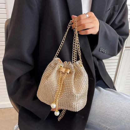 Women’s Rhinestone Drawstring Crossbody Bag for Party