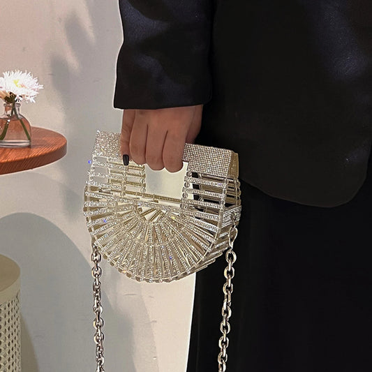 Mini basket-style clutch bag for women with a sparkling design