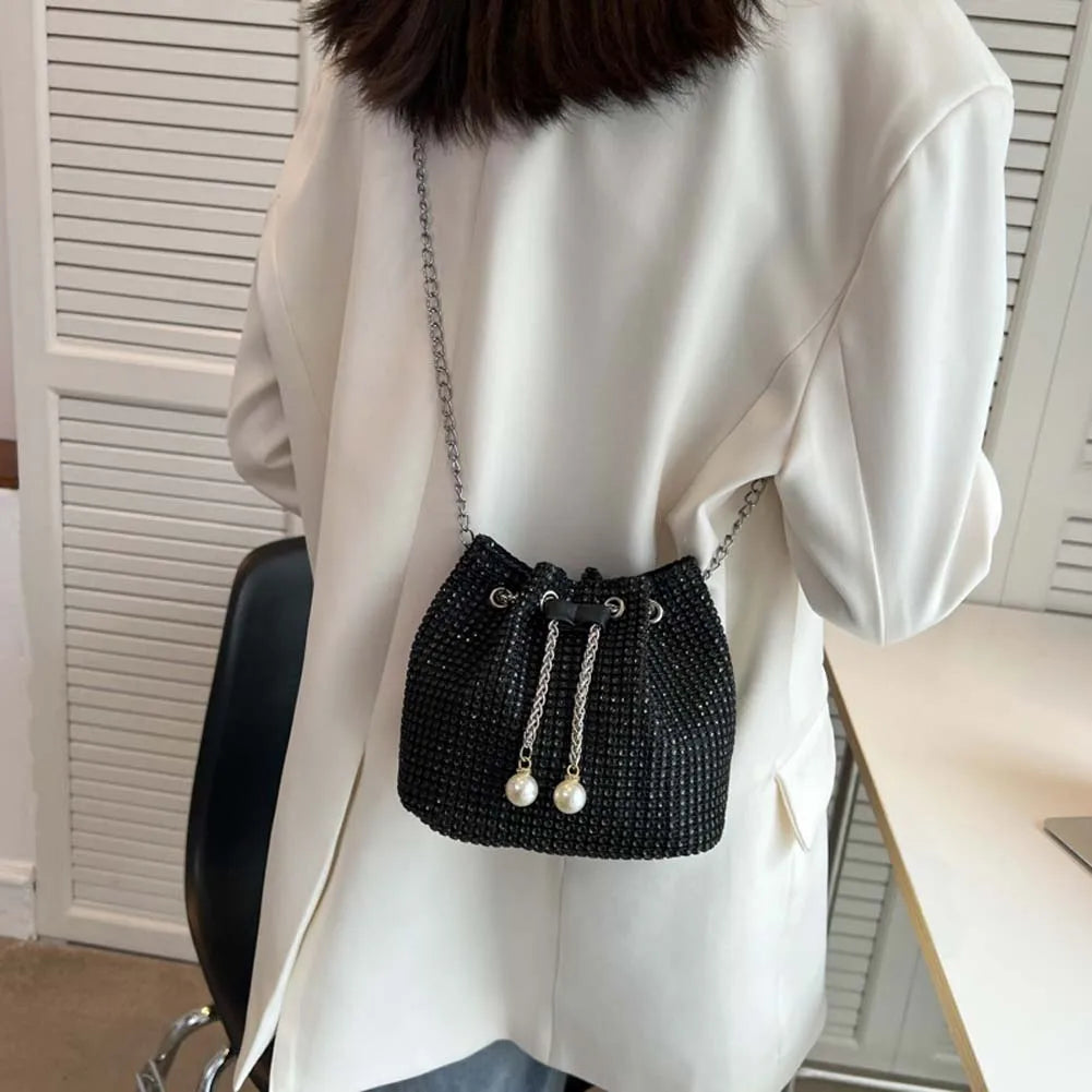 Women’s Rhinestone Drawstring Crossbody Bag for Party